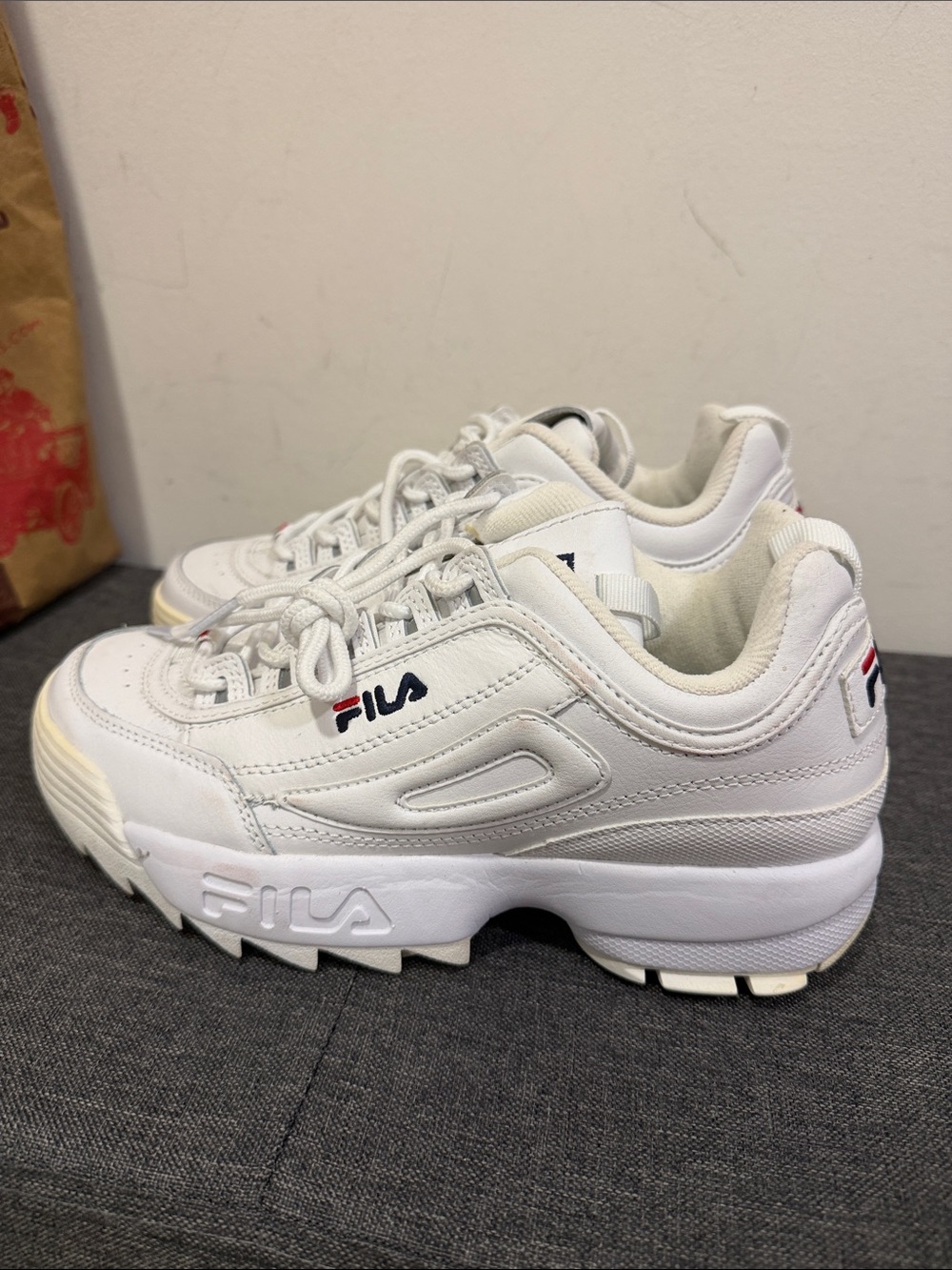 Fila White Leather Chunky Sneakers with Red & Navy Logo